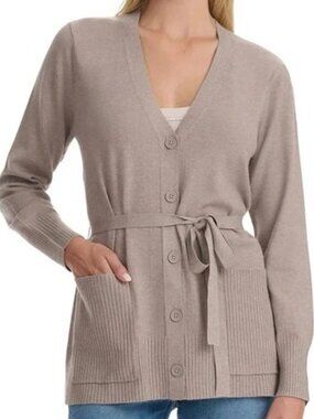 Splendid Women's Belted Button-up Cardigan Top in Taupe Casual Dressy V-neck